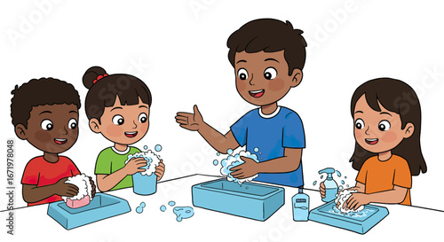 A diverse group of happy cartoon children learning to wash their hands with soap and bubbles.