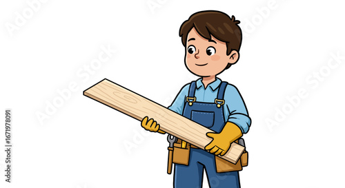 Cartoon Carpenter Holding a Wooden Plank with Tools