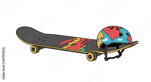 Colorful Skateboard with Matching Helmet, Ready for Skateboarding Fun