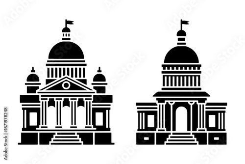 silhouette illustrations of historical government buildings, showcasing intricate architectural designs