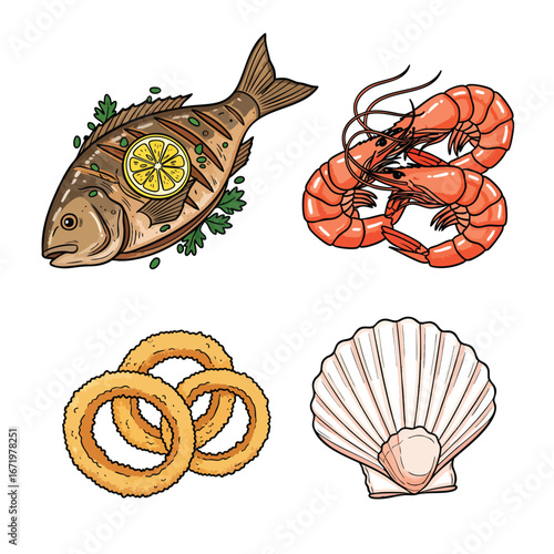 A colorful handdrawn illustration set of seafood dishes grilled fish cooked shrimp fried rings and a scallop shell.