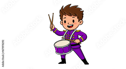 Cartoon Boy Drummer in Purple Uniform with Drumsticks and Drum