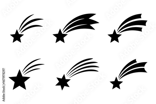  collection of black star silhouette with shooting tails, perfect for celestial or celebratory designs