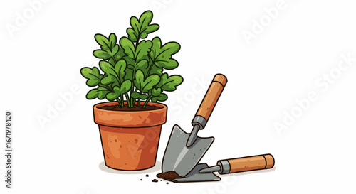 Lush green potted plant in terracotta pot with two metal and wooden gardening trowels, vector illustration.