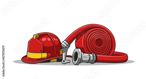 Cartoon illustration of a red firefighter helmet with a yellow band and a coiled red fire hose with a metal nozzle.