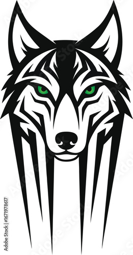 Fierce wolf face with piercing green eyes stares intently with intricate tribal tattoo designs