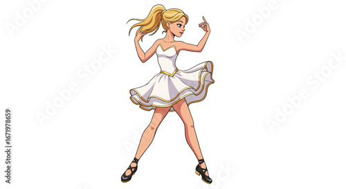 Animated Cartoon Ballerina in White Tutu with Gold Accents, Dynamic Pose