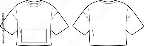 Oversized t-shirt vector illustration with front pocket design, fashion flat sketch template, casual unisex streetwear outline drawing, short sleeve crop top apparel