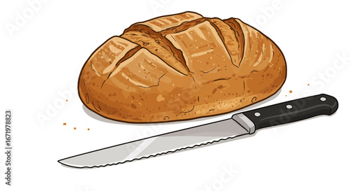 Freshly Baked Loaf of Bread with Serrated Knife Illustration