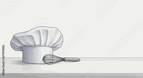 Illustrated white pleated chef's hat, a toque blanche, with a metal wire whisk.