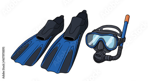 Blue and Black Scuba Diving Gear Set Isolated on White Background