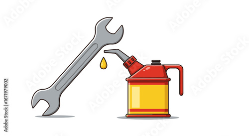 A grey double-ended wrench leaning on a red and yellow oil can with a dripping oil drop.