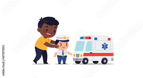 Cheerful boy with paramedic and ambulance, symbolizing healthcare and assistance