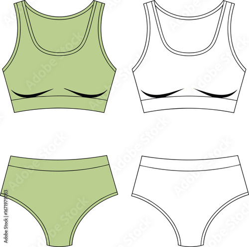Women’s underwear set vector illustration with sports bra and panties, fashion flat sketch design, lingerie apparel outline drawing, intimate clothing template for activewear