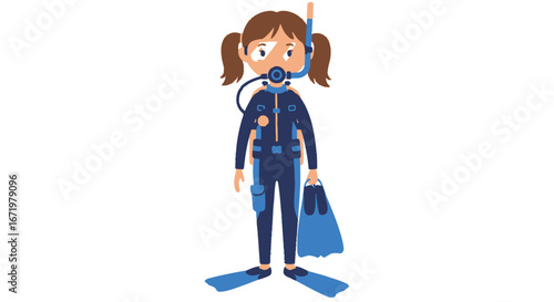 Cartoon Diver with Snorkel, Mask, Fins, and Diving Suit, Ready to Explore