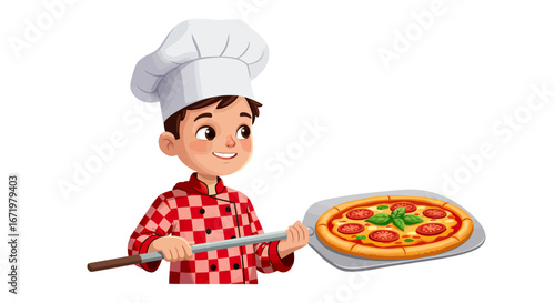 Cheerful young chef proudly presents a freshly baked pizza on a peel