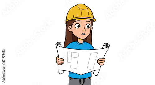 Surprised cartoon female engineer in yellow hard hat examining building blueprint.