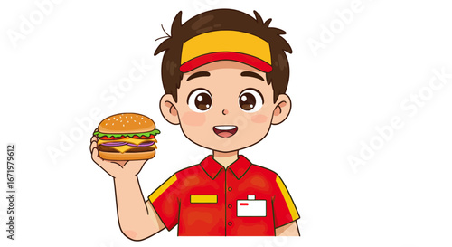 Cheerful cartoon fast-food worker in a red uniform and visor holding a large hamburger.
