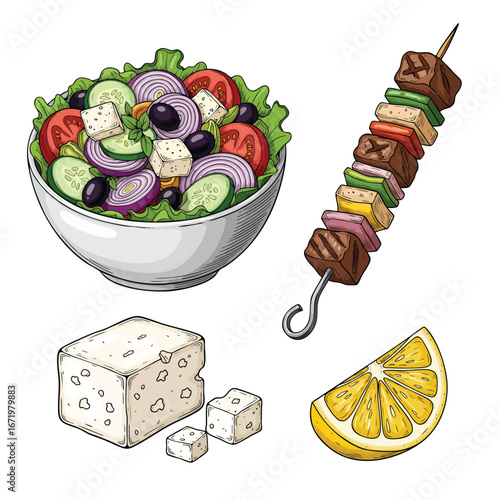 A colorful handdrawn illustration set of traditional Greek food including salad souvlaki feta cheese and lemon 1.