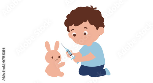 Kneeling cartoon boy with brown hair playing veterinarian with a pink toy rabbit and a syringe.