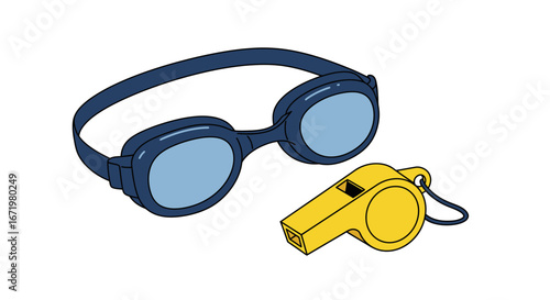 Blue Swimming Goggles and Yellow Whistle for Aquatic Sports