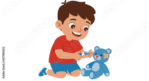 Young boy in red shirt giving injection to blue teddy bear