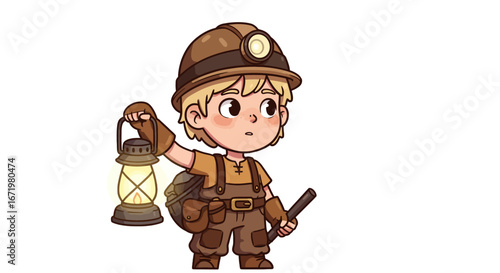 Cartoon Boy Miner with Lantern and Pickaxe Ready for Adventure