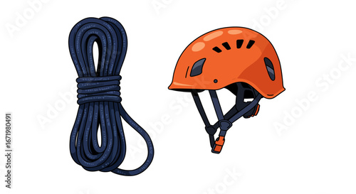 Climbing Gear: Blue Rope and Orange Helmet Illustration