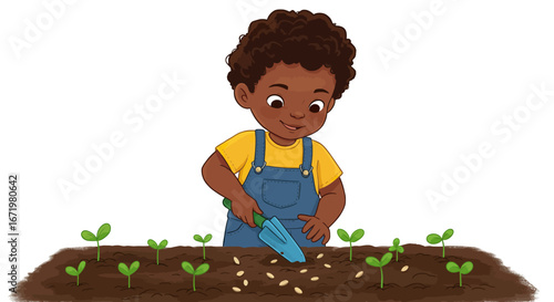 Young boy planting seeds with a trowel in fertile soil