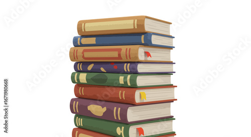 Colorful Stack of Books with Various Cover Designs and Bookmarks