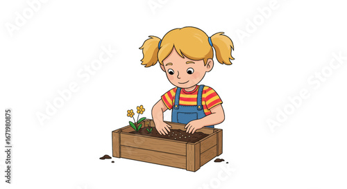 Young girl with blonde pigtails planting seeds in a wooden planter box.