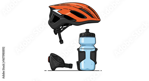 Orange cycling helmet, blue water bottle in black cage, and rear bike light