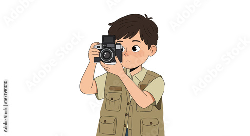Young cartoon boy photographer in a khaki vest holding a vintage camera to his eye.