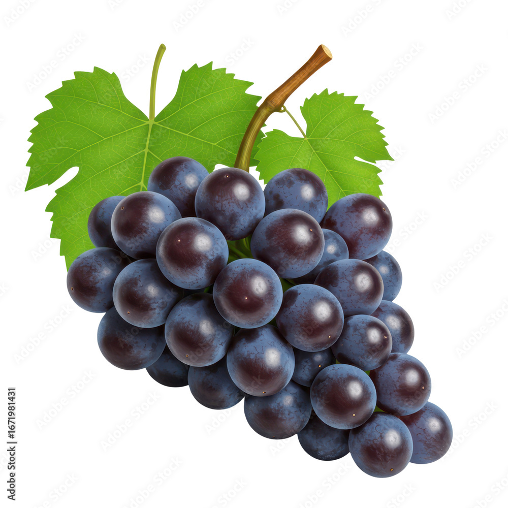 Fototapeta premium Fresh dark purple grape bunch with green leaf and stem, isolated on white background