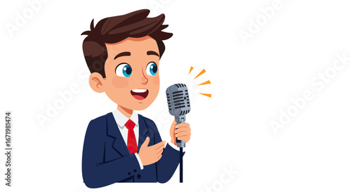 Animated young man in a suit speaking into a vintage microphone