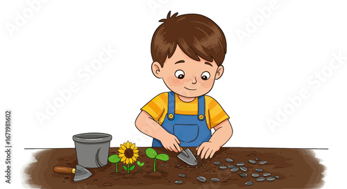 Young boy planting sunflower seeds in fertile soil with gardening tools
