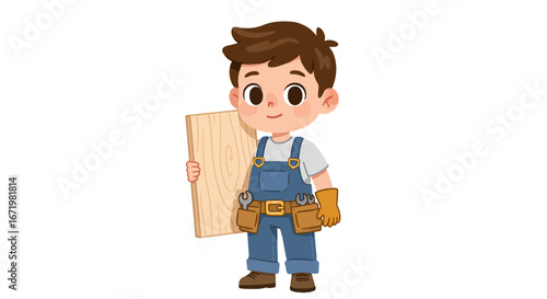 Cute Cartoon Boy Carpenter Holding Wooden Plank with Tools