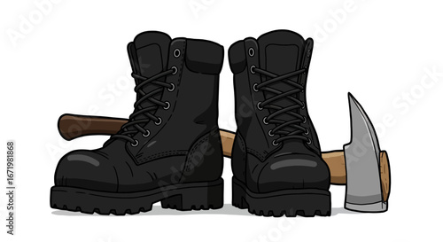 Pair of Black Combat Boots with Axe and Hammer Tools