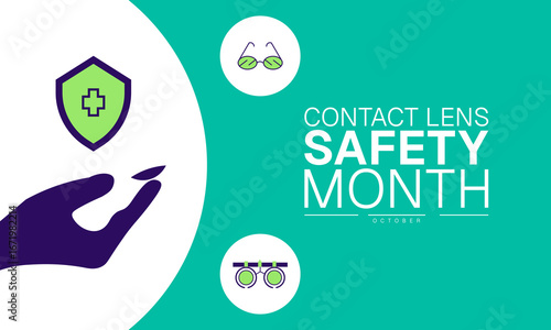 Contact Lens Safety Month October Awareness Poster Design Template Featuring Eye Care Icons Vision Health Elements and Optometry Concept for Medical Campaign and Healthcare Banner for web browser
