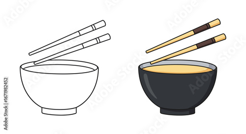 A black and white bowl with chopsticks and a colored bowl of soup