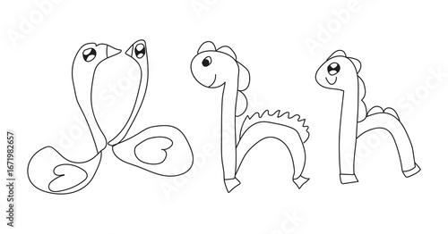 Cute doodle illustration of cartoon animals with simple line art, creative hand-drawn style for kids coloring or educational design.