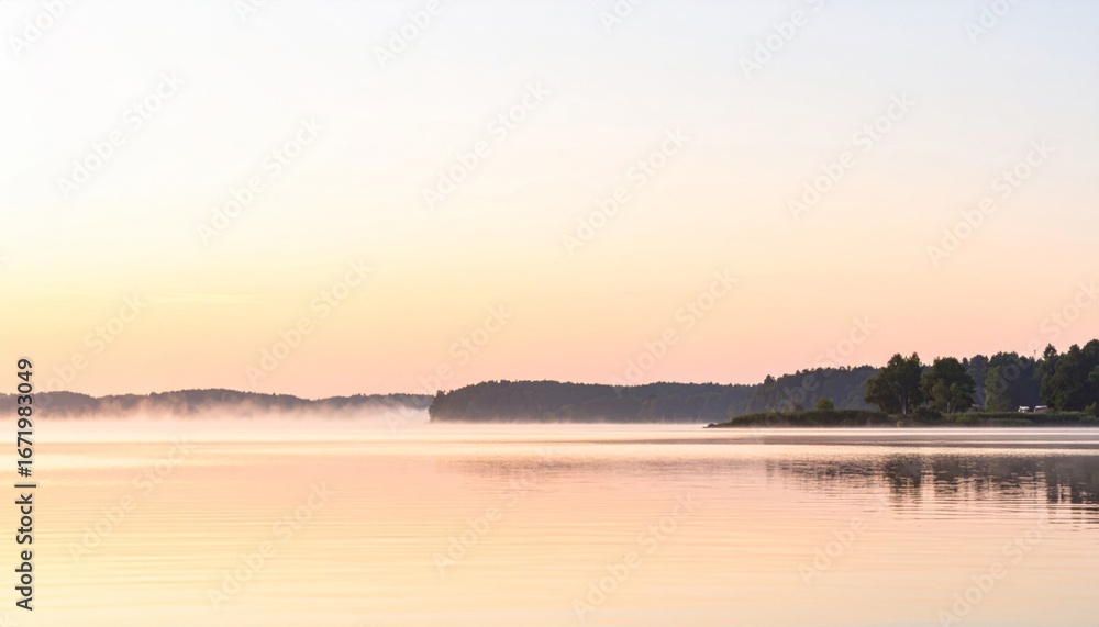 Fototapeta premium Lake in Soft Sunrise Haze with Reflections Surrounded by Trees and a Calm Surface in Tranquil Morning