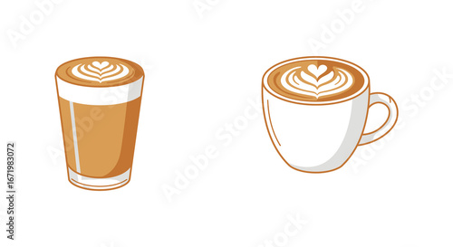 Two cups of coffee with latte art on top in different styles