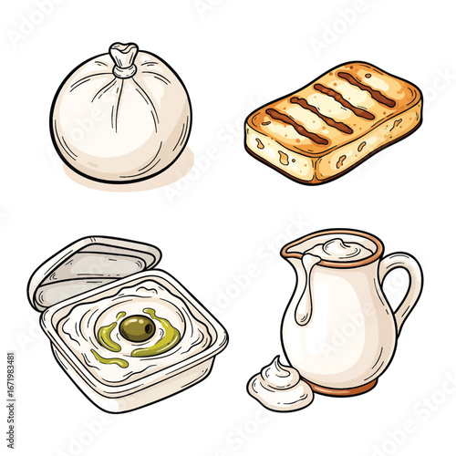 A colorful handdrawn set of various dairy products including cheese grilled halloumi and cream.