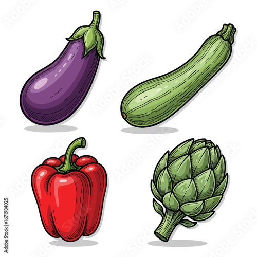 A colorful vector illustration set of four fresh vegetables eggplant zucchini red bell pepper and artichoke.