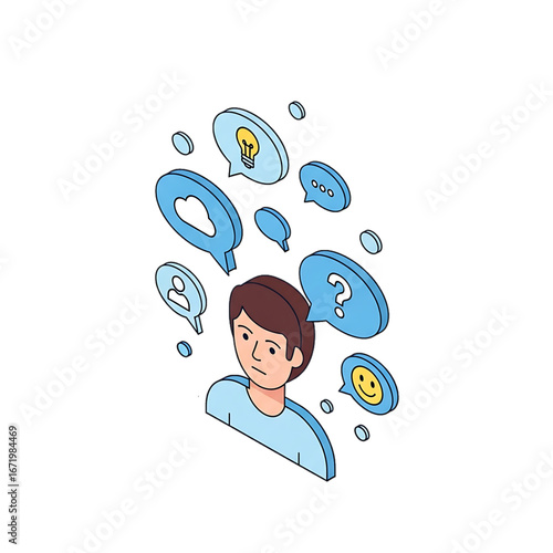 Person surrounded by question marks, symbol of doubt, confusion, or curiosity.