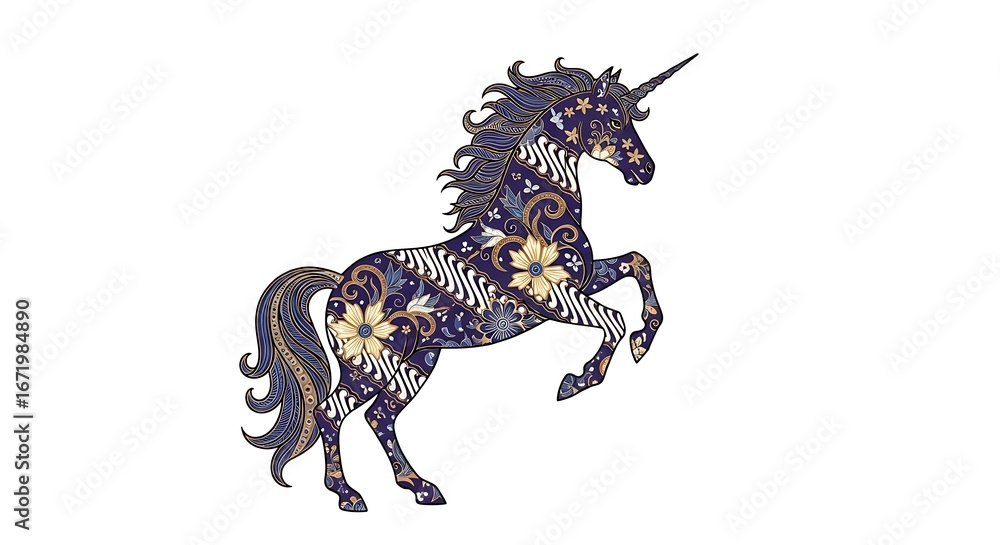 Fototapeta premium Elegant silhouette of a magical unicorn filled with intricate traditional batik patterns, golden, brown, and white color scheme