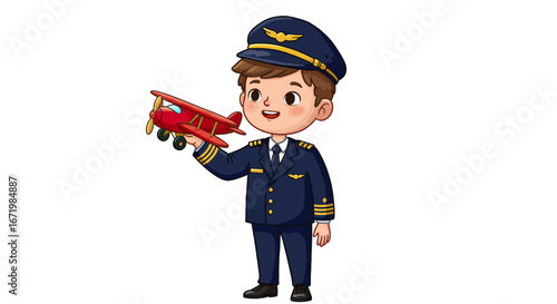 Smiling cartoon boy dressed as a pilot captain holding a red toy biplane.
