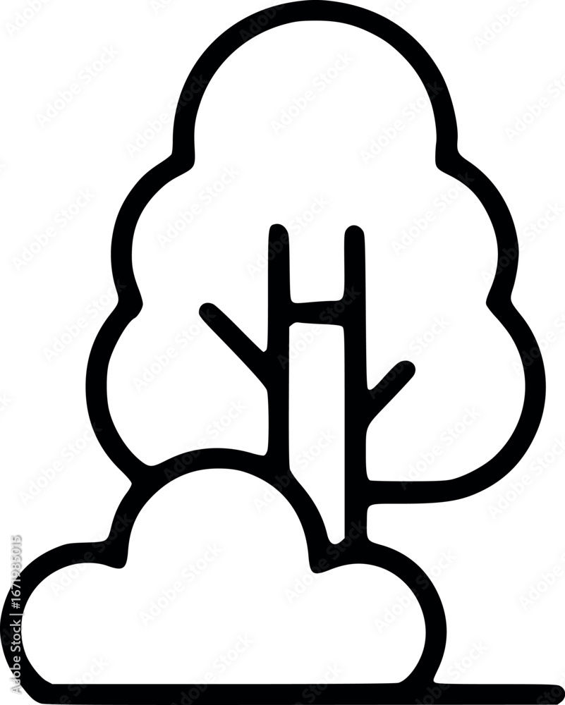 Obraz premium Simple black and white line drawing of a tree with a cloud-like bush at the base.