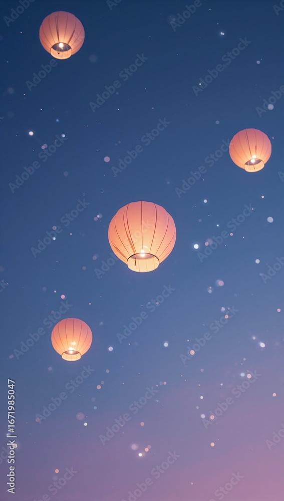 Fototapeta premium Minimalist pastel lanterns floating in sky with glowing stars